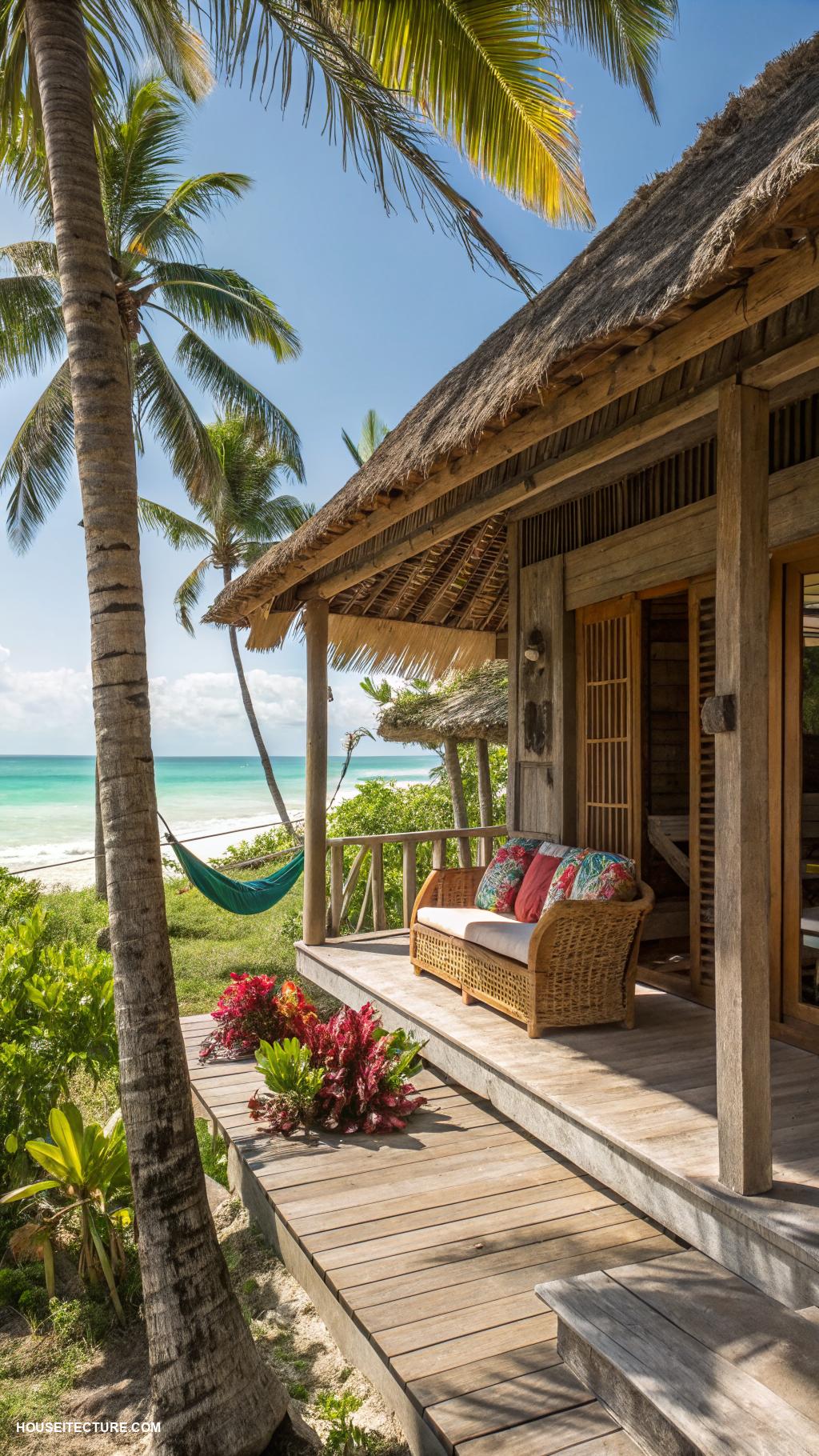 beach bungalows Rustic wooden bungalow with thatched roof