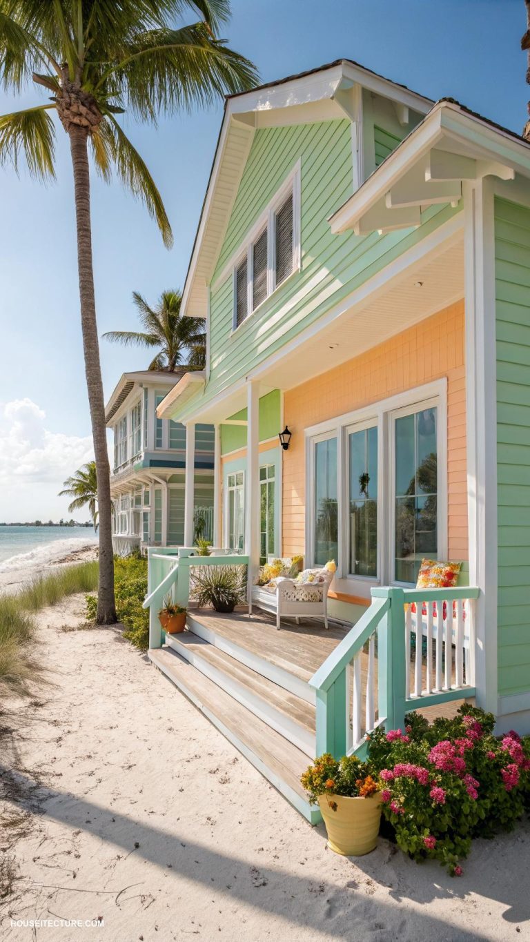 beach house exterior ideas Bright pastel colored siding for a cheerful look