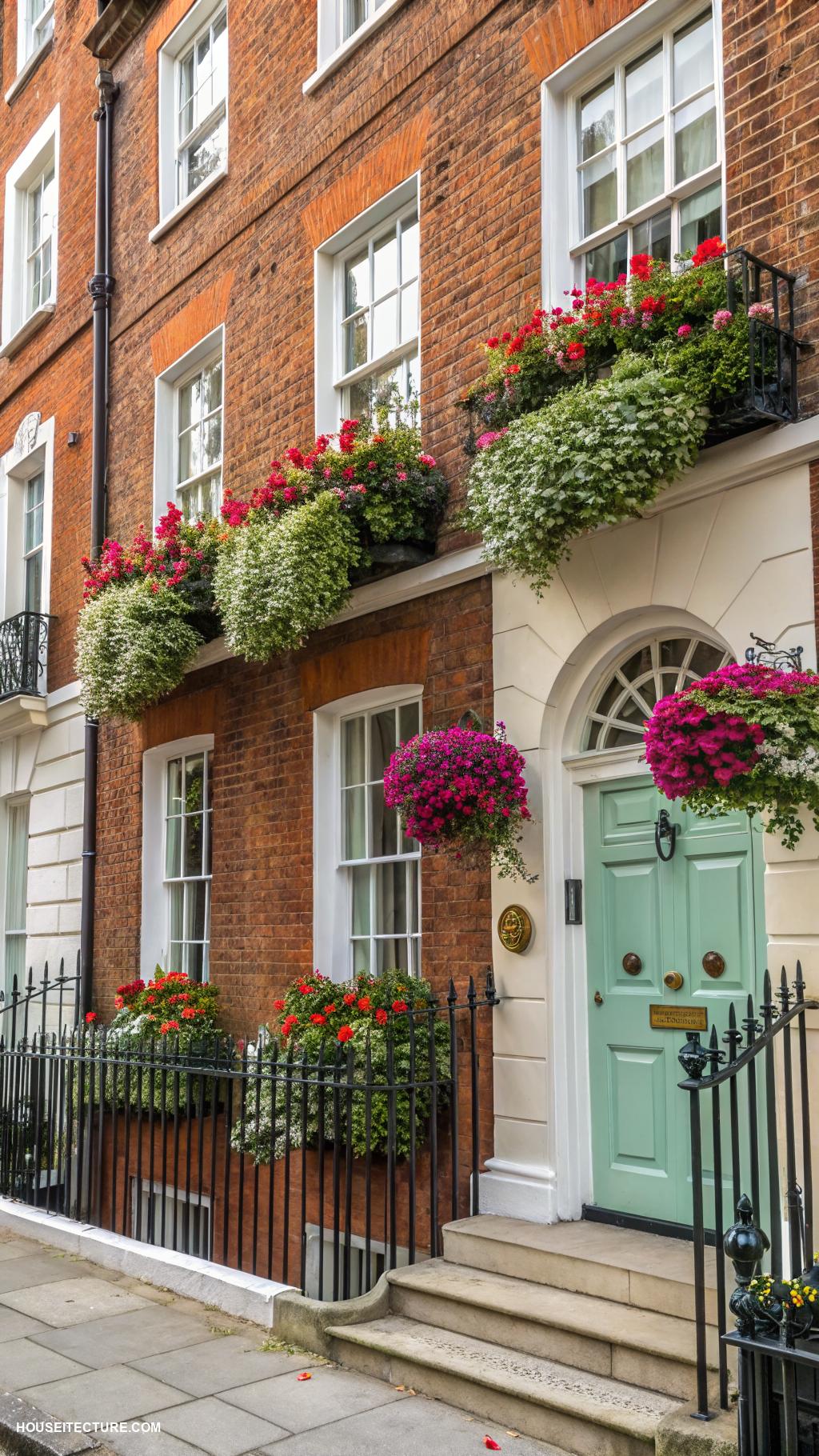 british townhouses Charming brick facade with classic window boxes