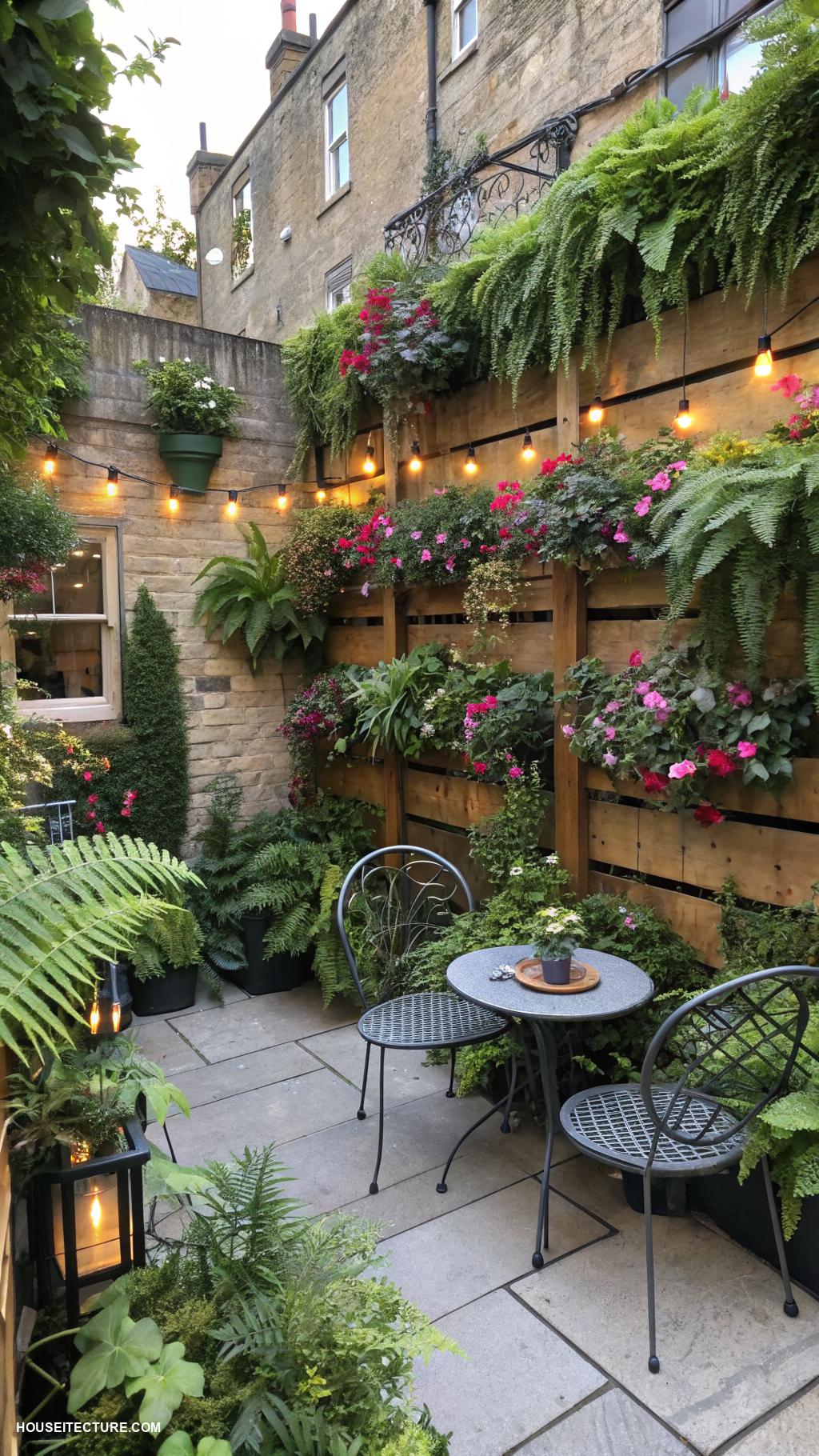 british townhouses Compact garden with vertical plant arrangements