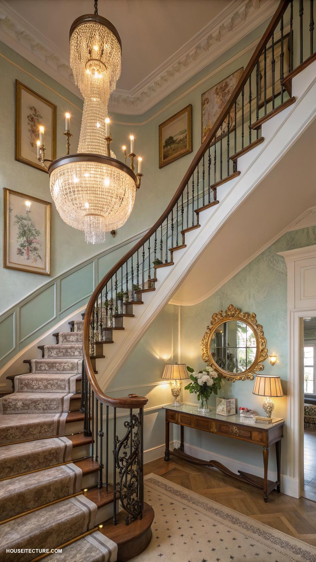 british townhouses Elegant staircase with designer lighting fixtures