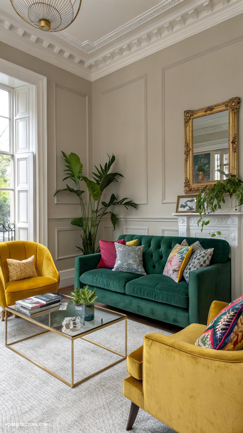 british townhouses Neutral palette with bold accent furnishings
