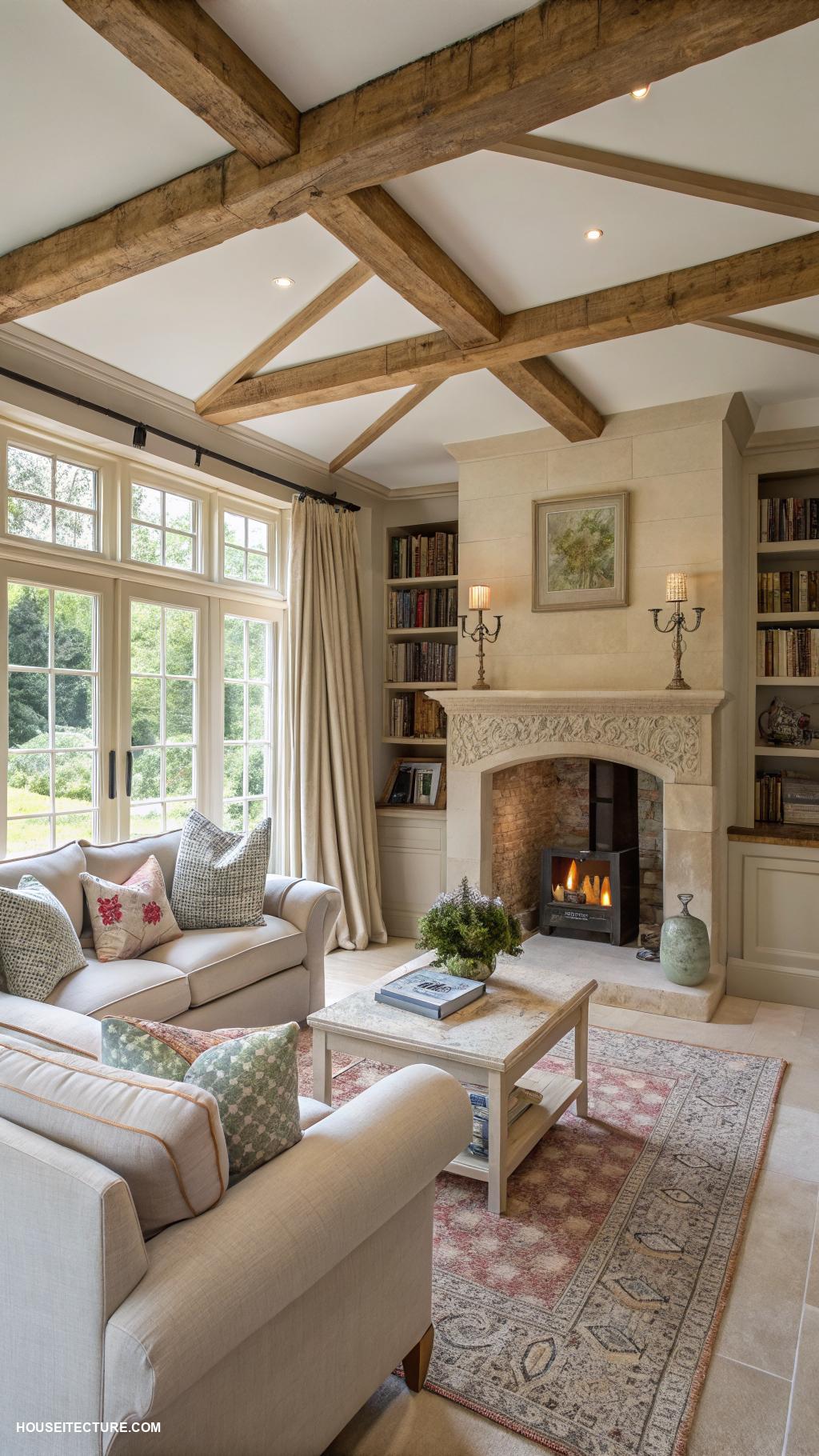 british townhouses Open plan living with cozy fireplace center