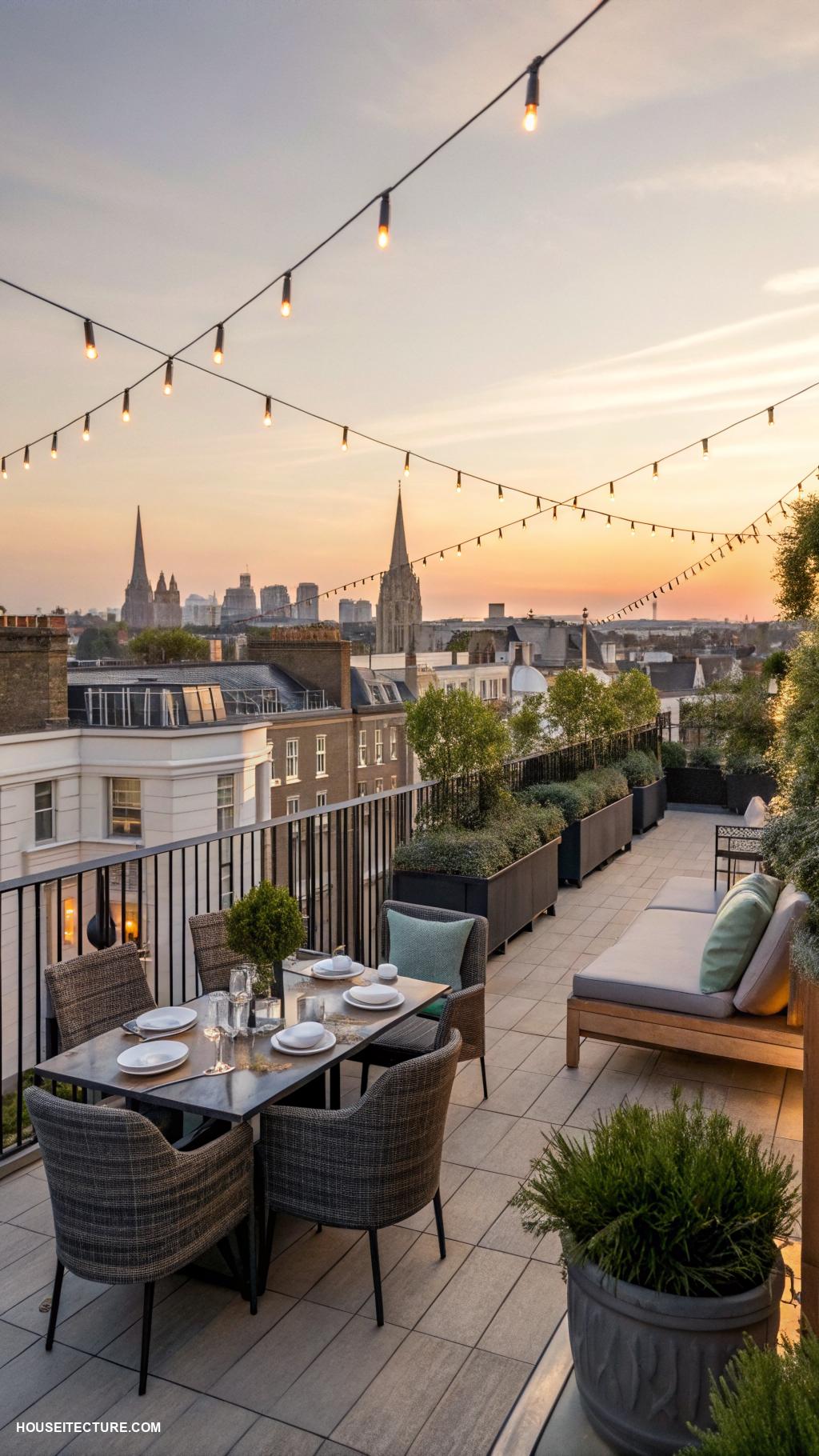 british townhouses Stunning rooftop terrace with city skyline views