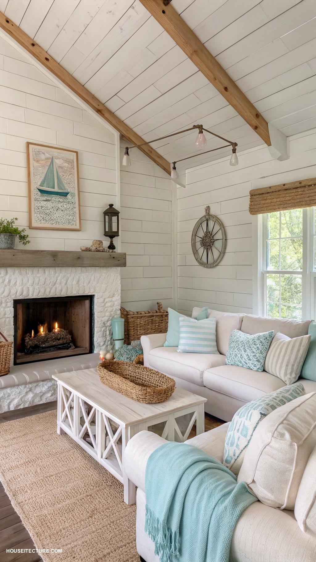 coastal cottages Charming shiplap interiors and cozy fireplace