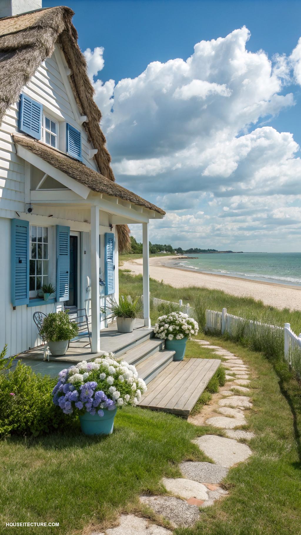 coastal cottages Classic whitewashed cottage with blue shutters