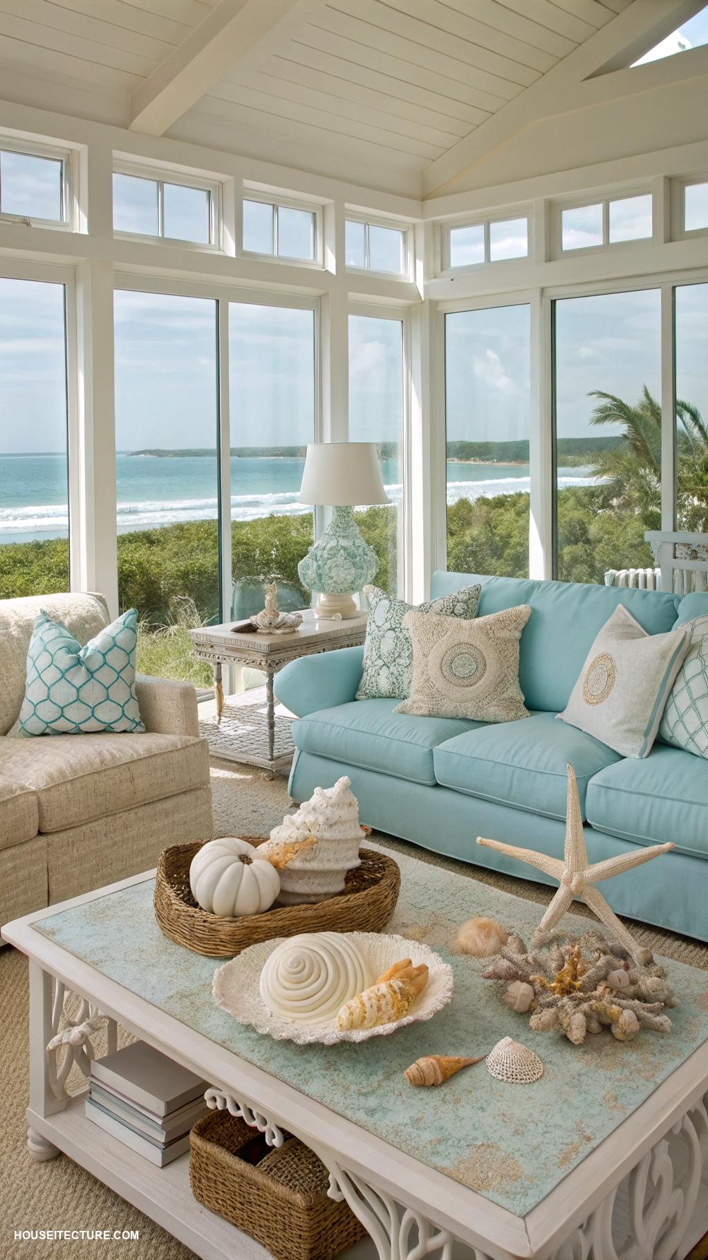 coastal cottages Colorful coastal decor with seashell accents