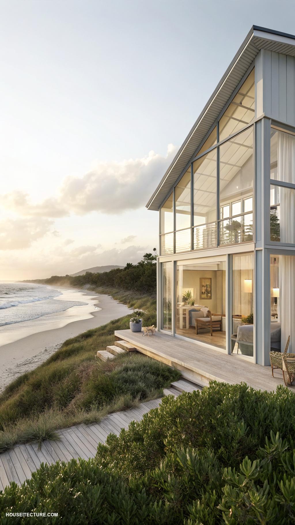 coastal cottages Modern minimalist design with large glass windows