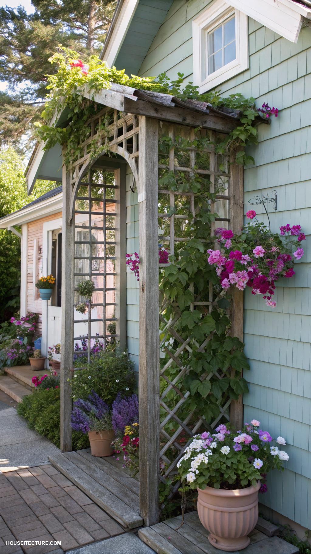 cottage exterior ideas Latticework for climbing vines and flowers