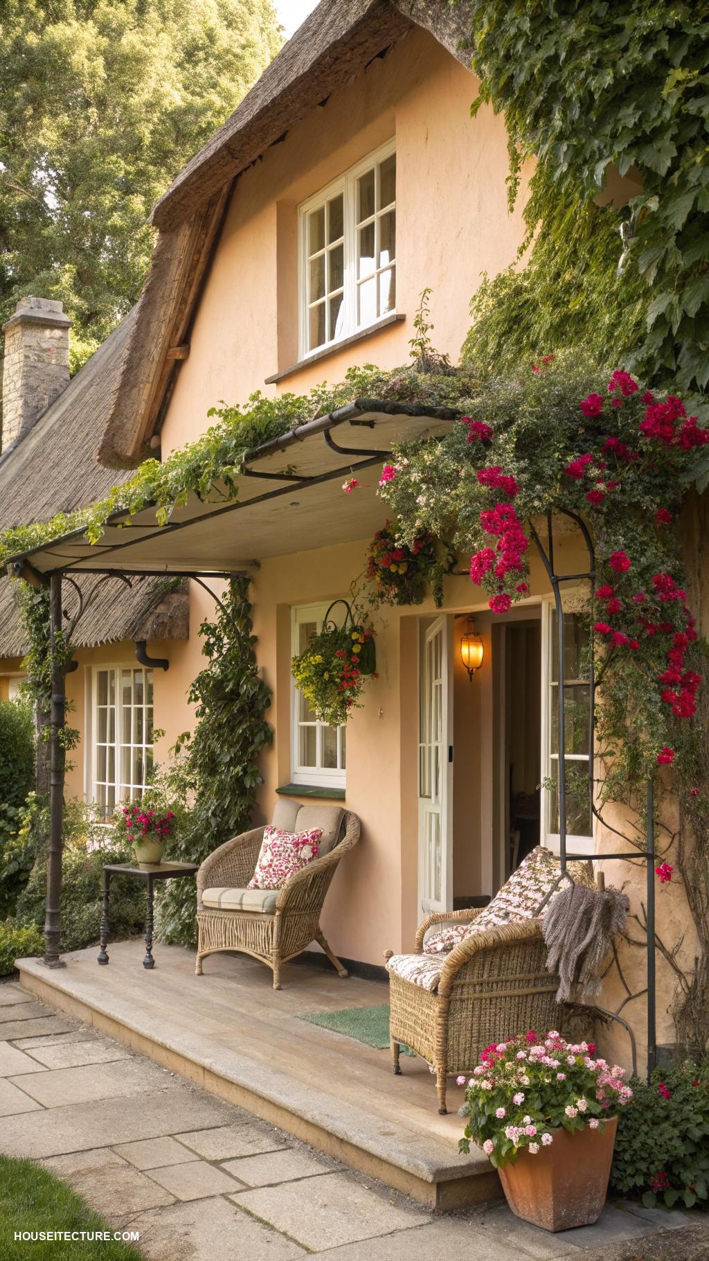 cottage exterior ideas Overhanging eaves to shelter porch area