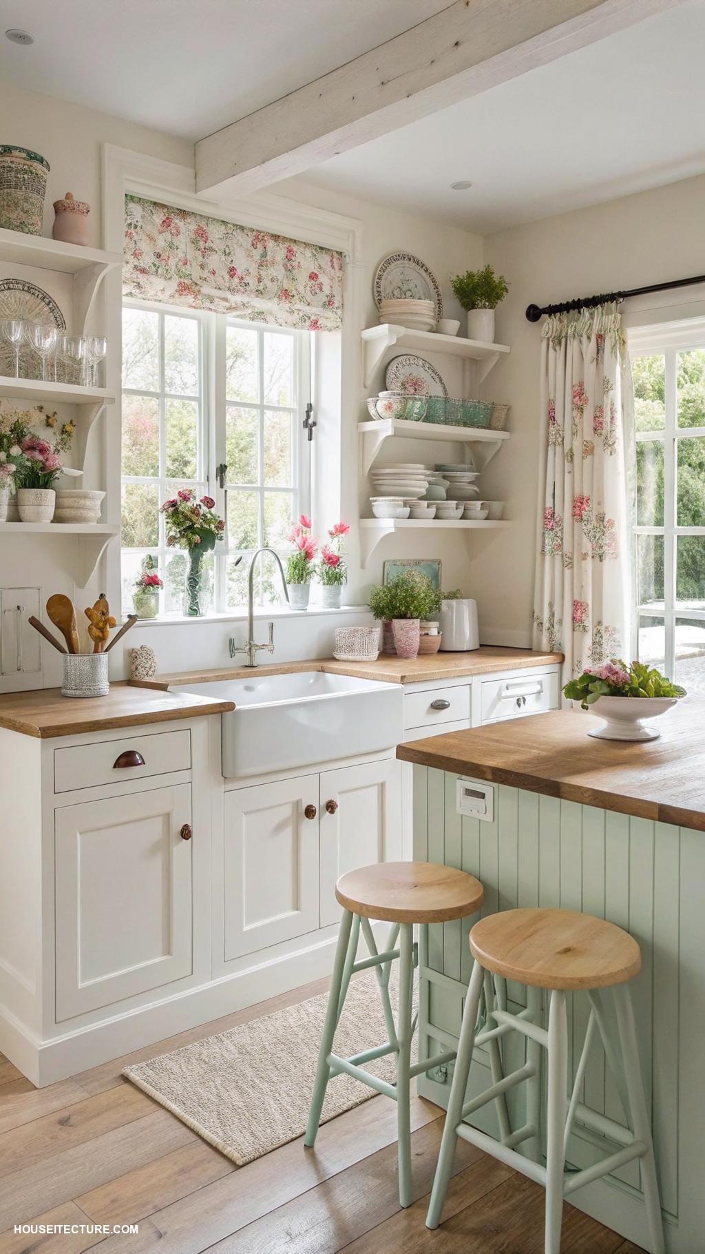 cottage home designs Bright kitchen with farmhouse sink and island