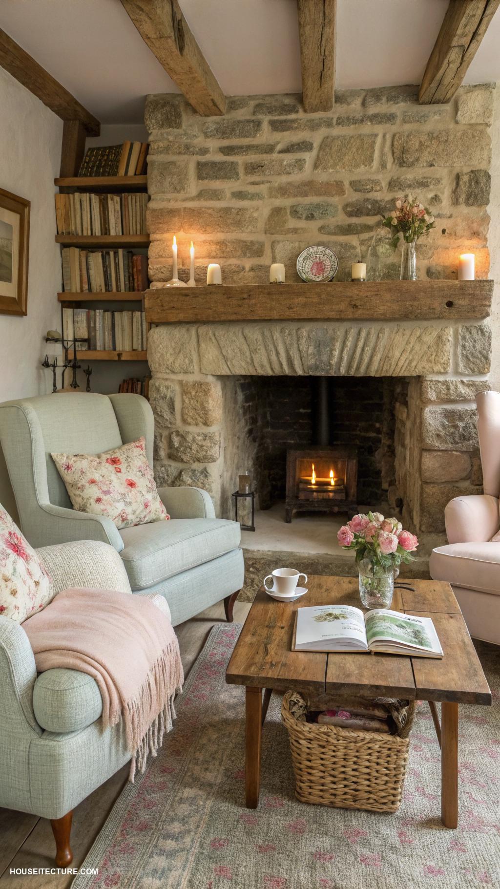 cottage home designs Cozy stone fireplace in the main room