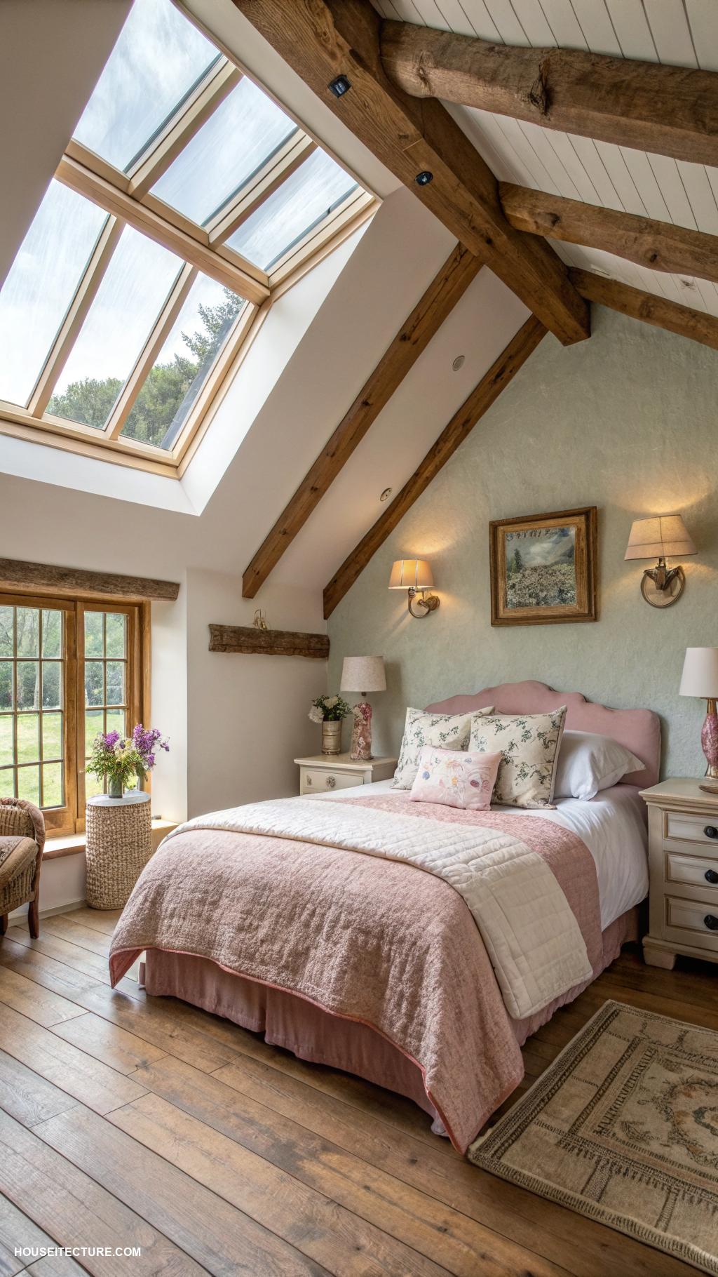 cottage home designs Inviting bedroom with skylight and beams