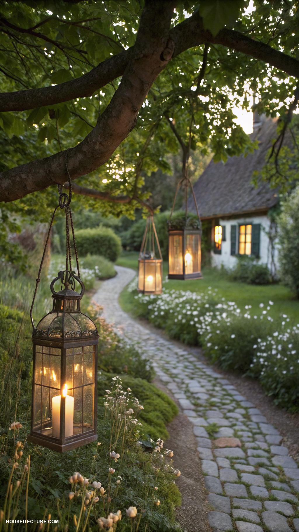 cottagecore house Candle lit lanterns hanging from tree branches