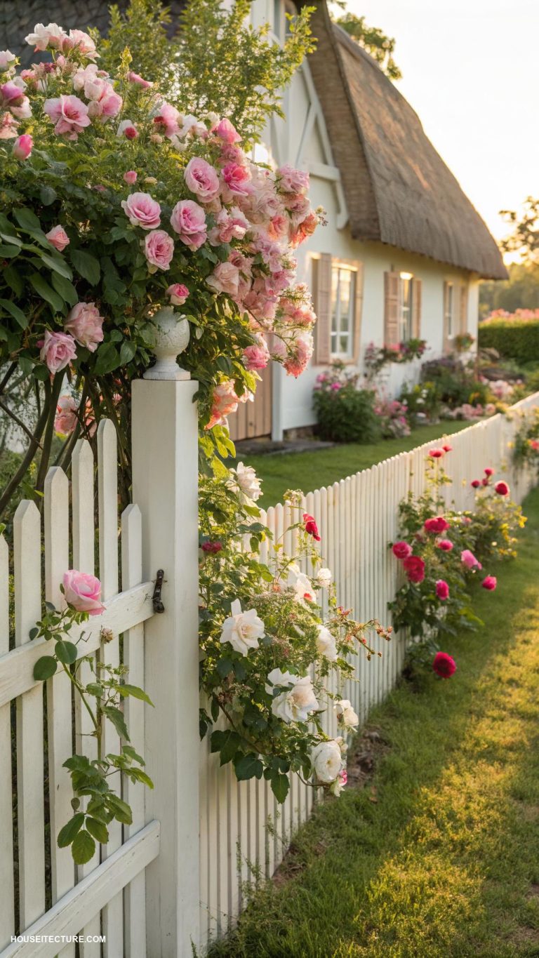 cottagecore house Creamy white picket fence with wild roses