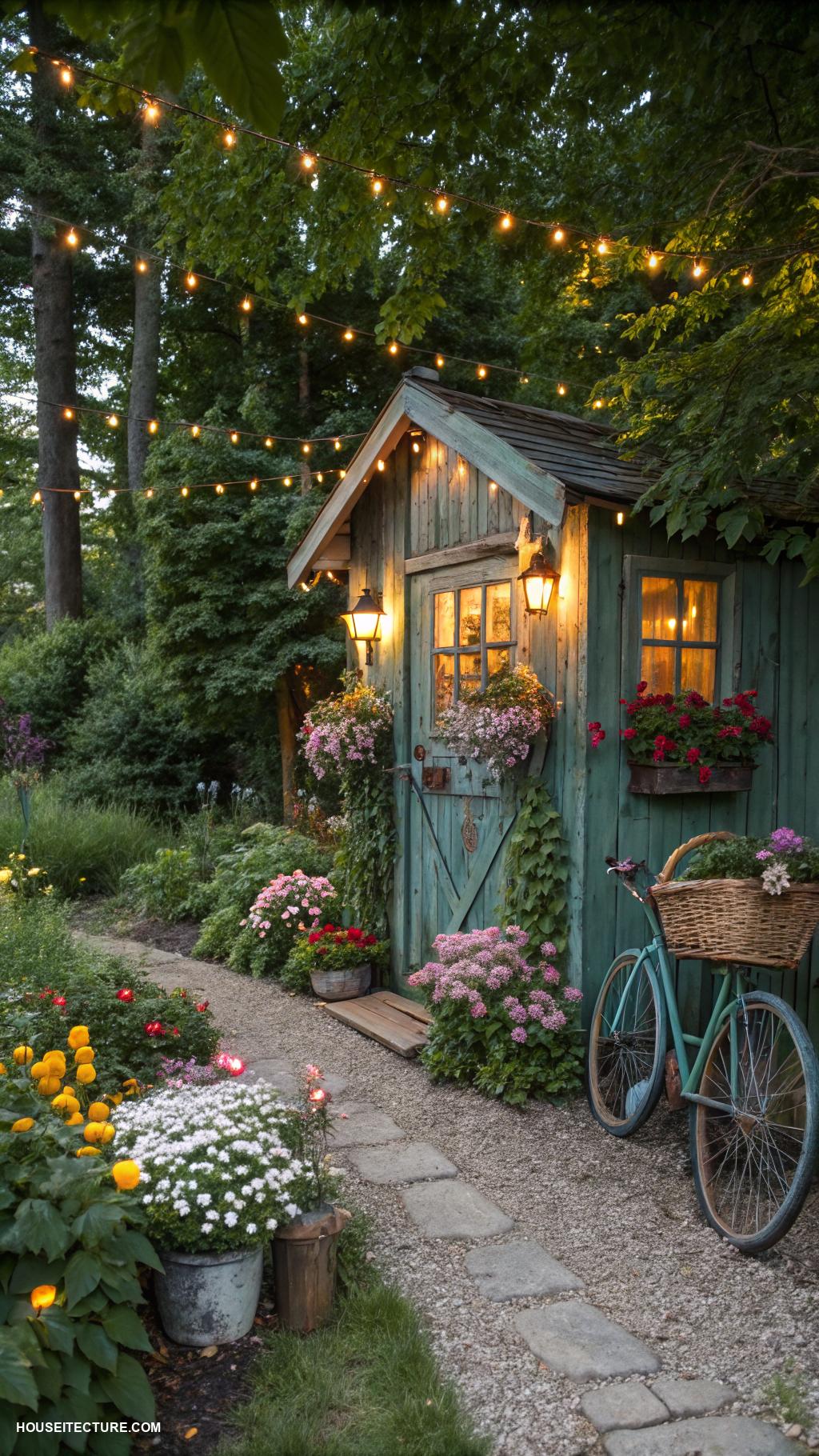 cottagecore house Gardening shed adorned with fairy lights
