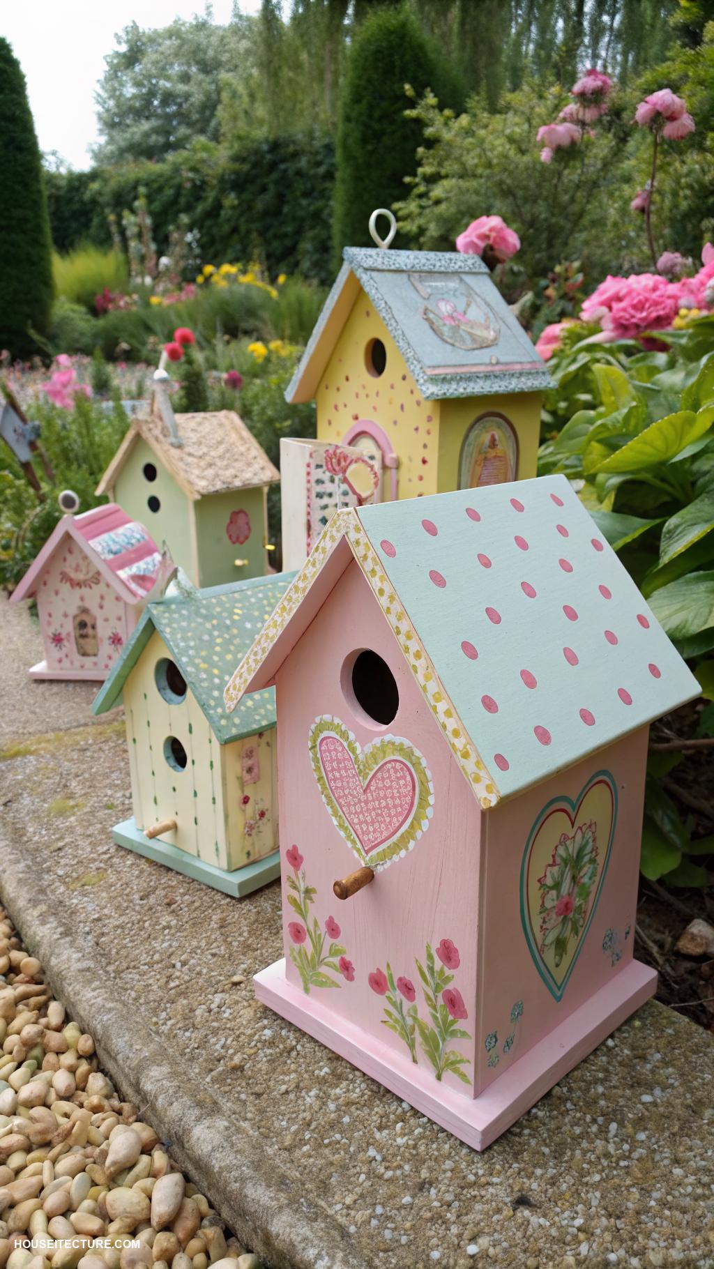 cottagecore house Hand painted birdhouses in cheerful colors
