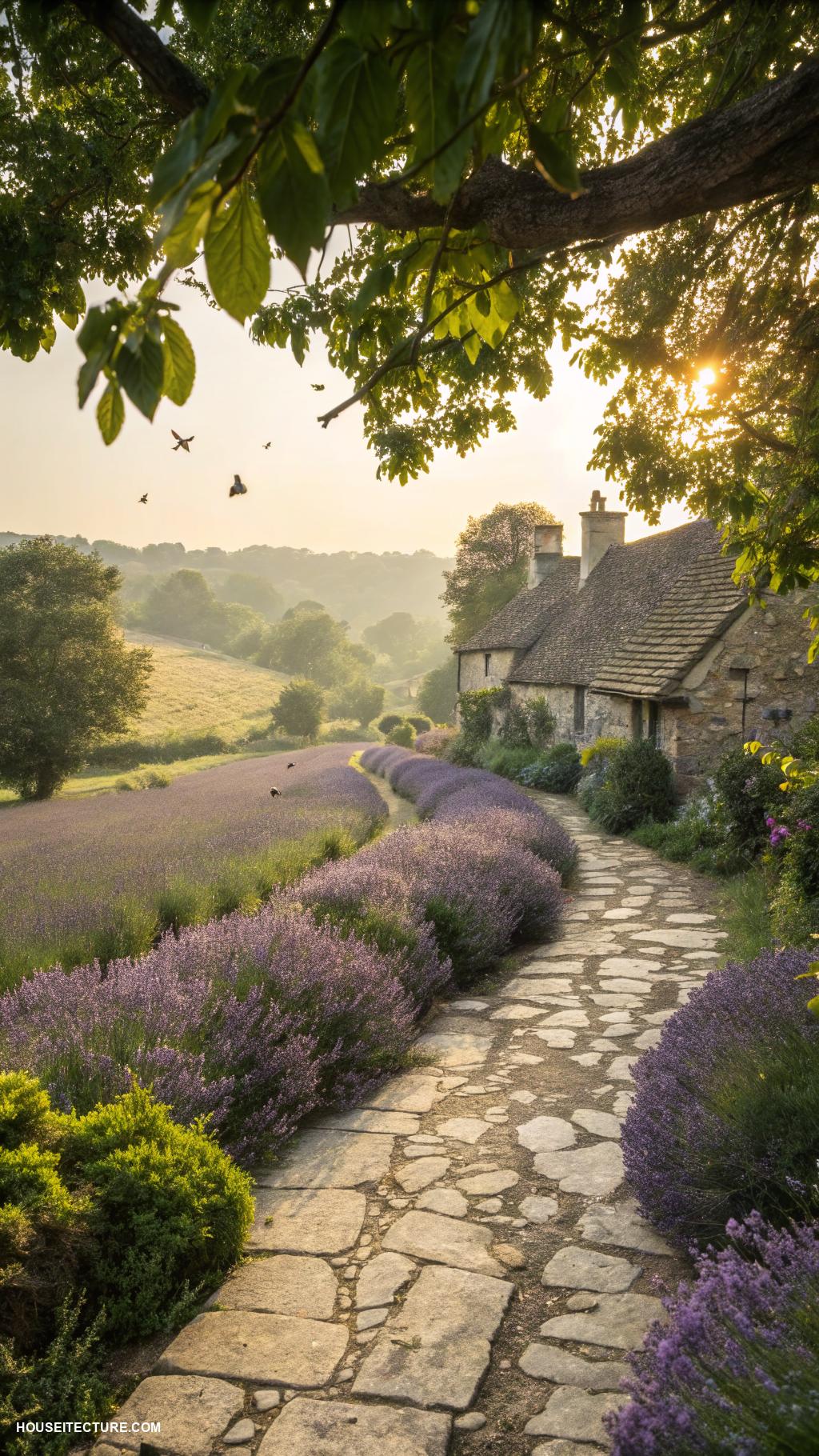 cottagecore house Quaint stone pathway lined with lavender
