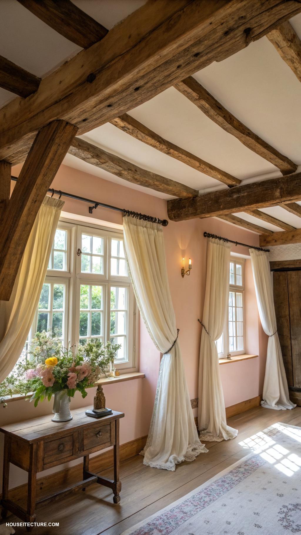 cottagecore house Rustic wooden beams and soft linen curtains