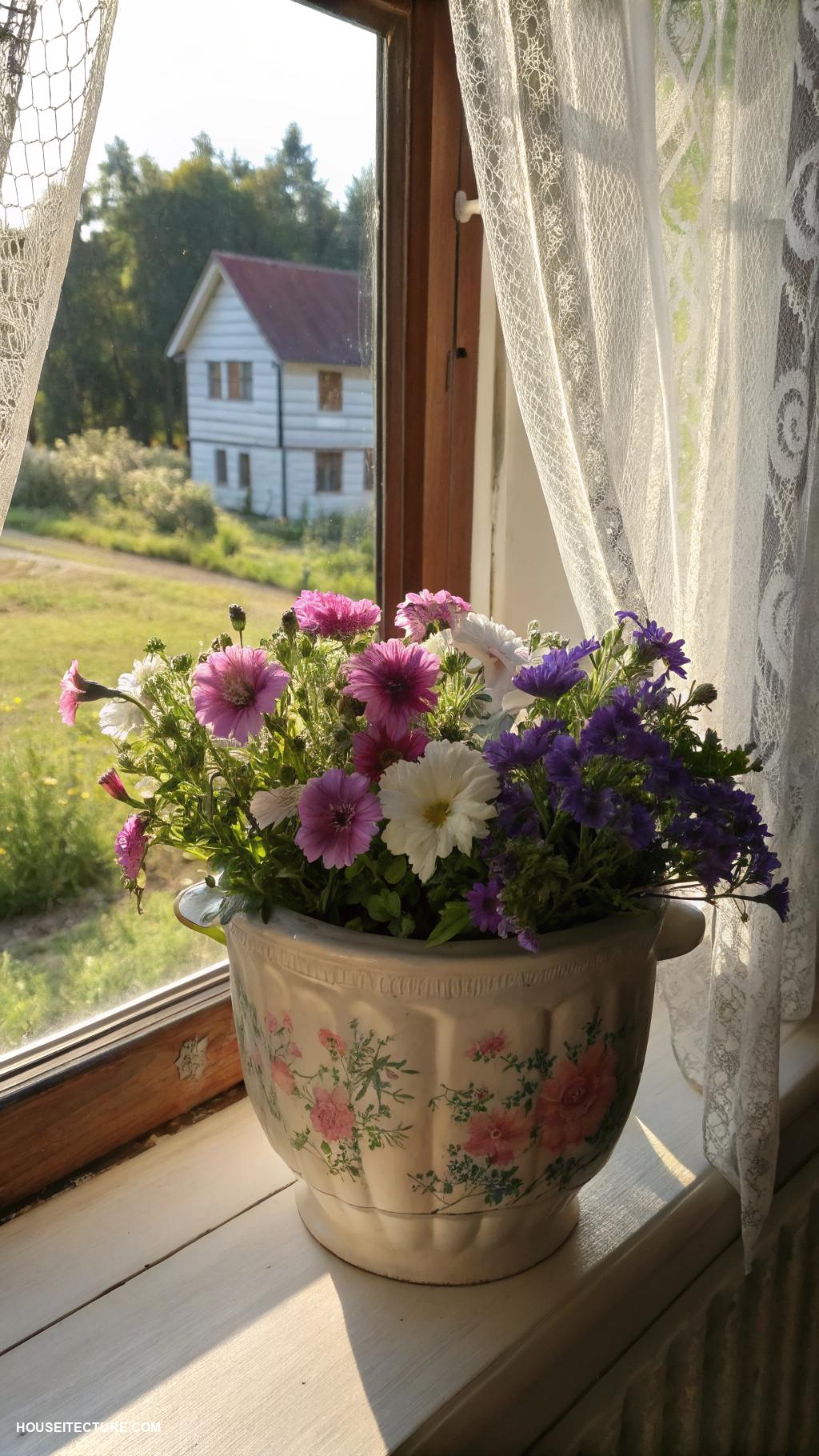 cottagecore house Vintage ceramic flower pots on windowsills