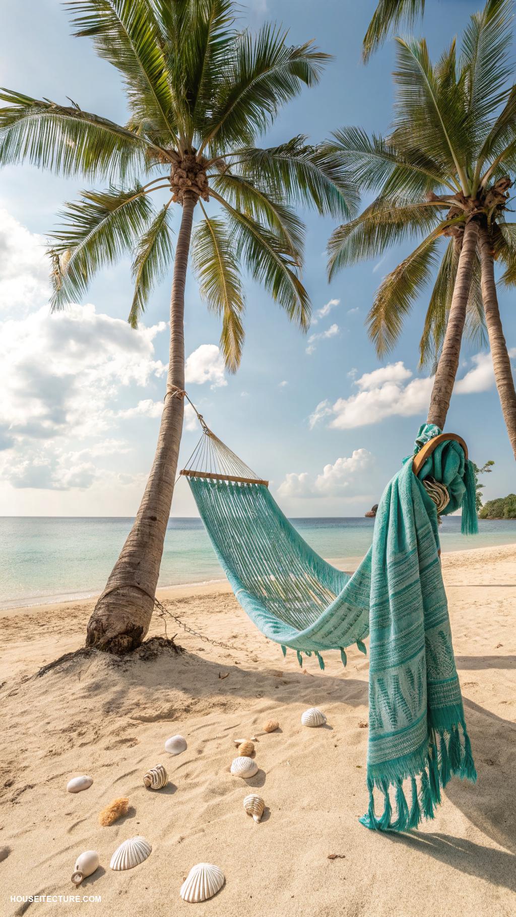 dream beach houses Hammocks strung between palm trees