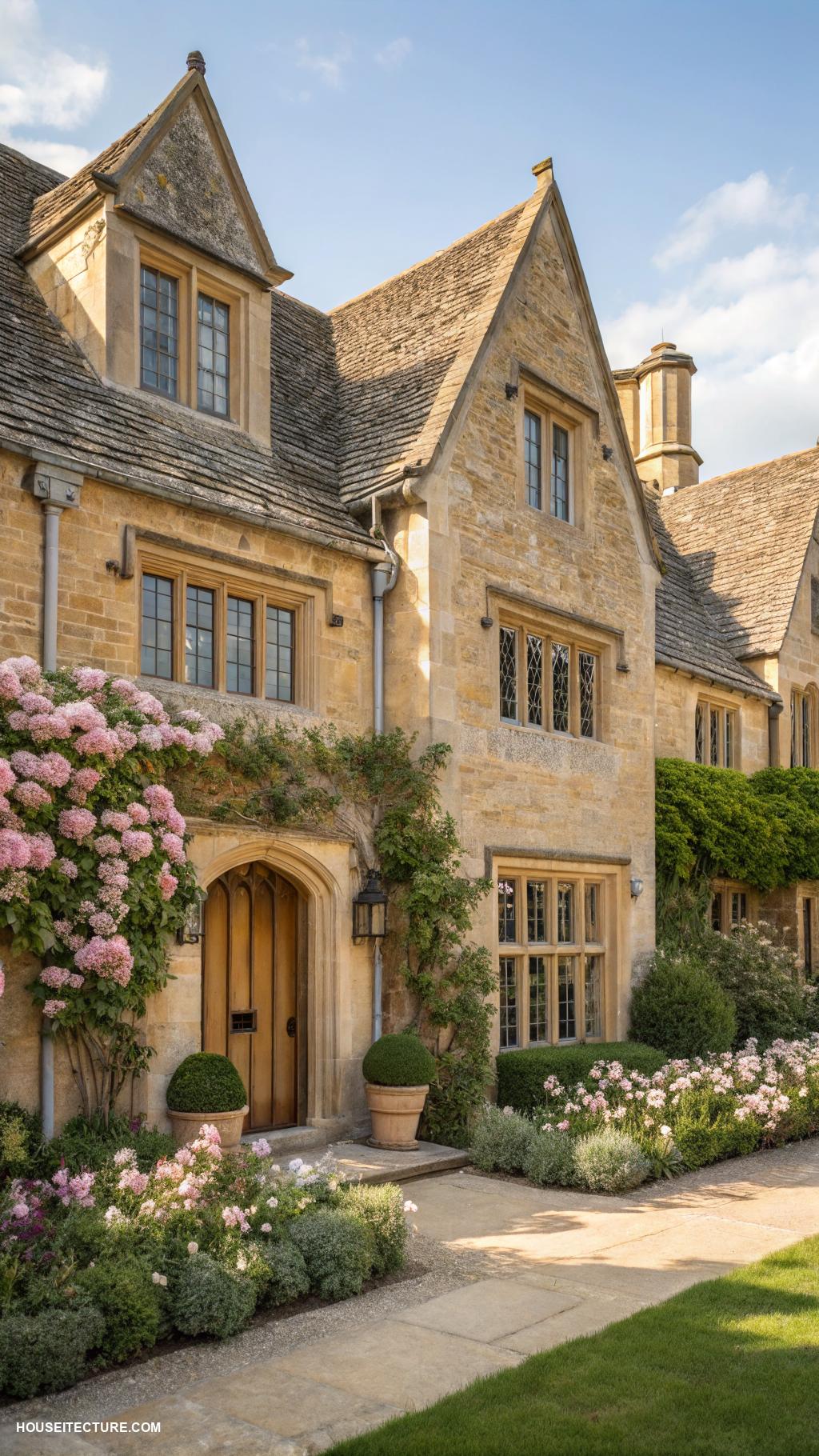 english manor houses Cotswold stone exterior with traditional gables