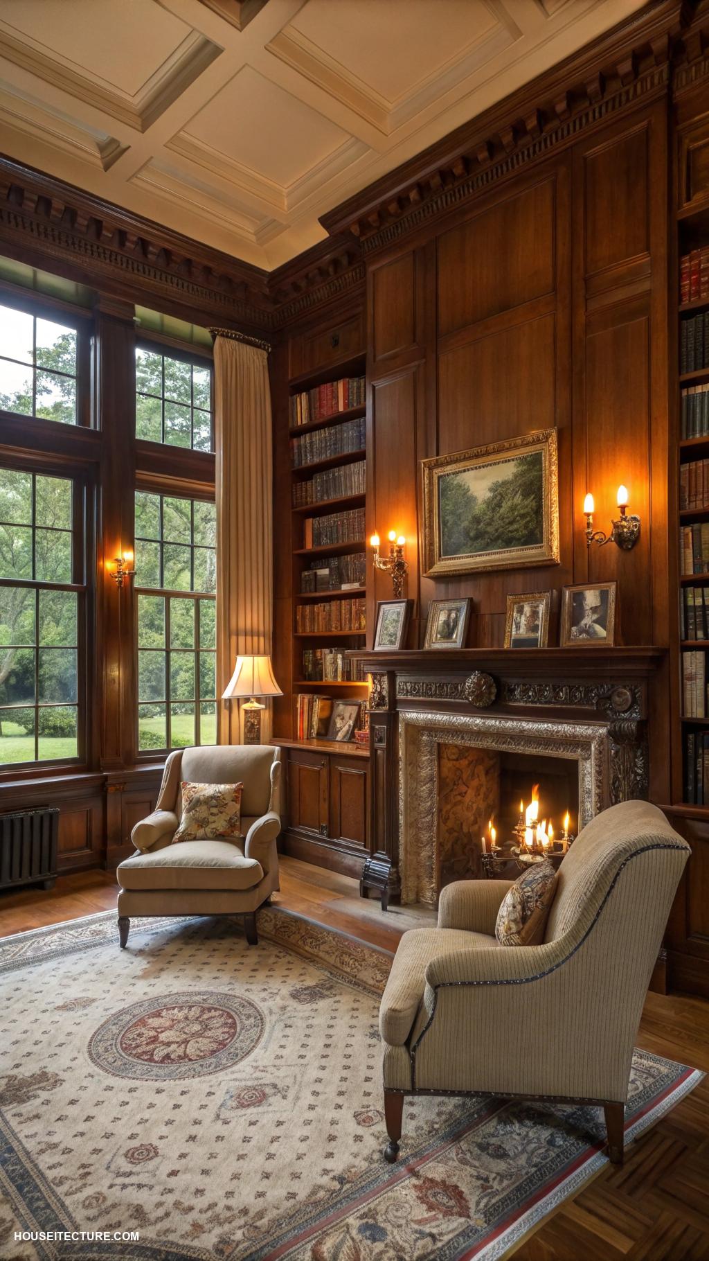 english manor houses Cozy library with rich wood paneling