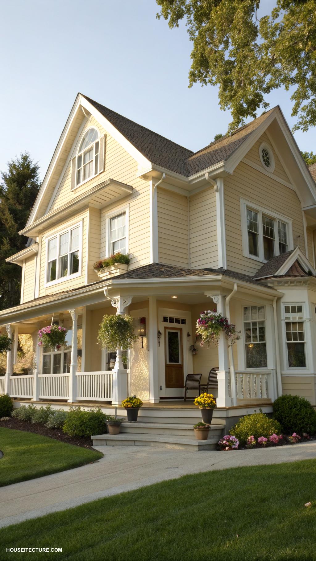 exterior house colors Soft beige with white trim for elegance