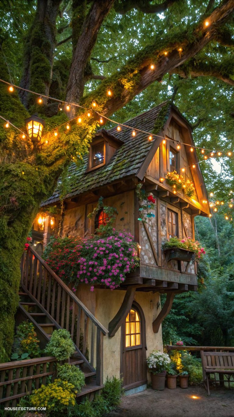 fairy tree houses Colorful fairy lights illuminating the exterior