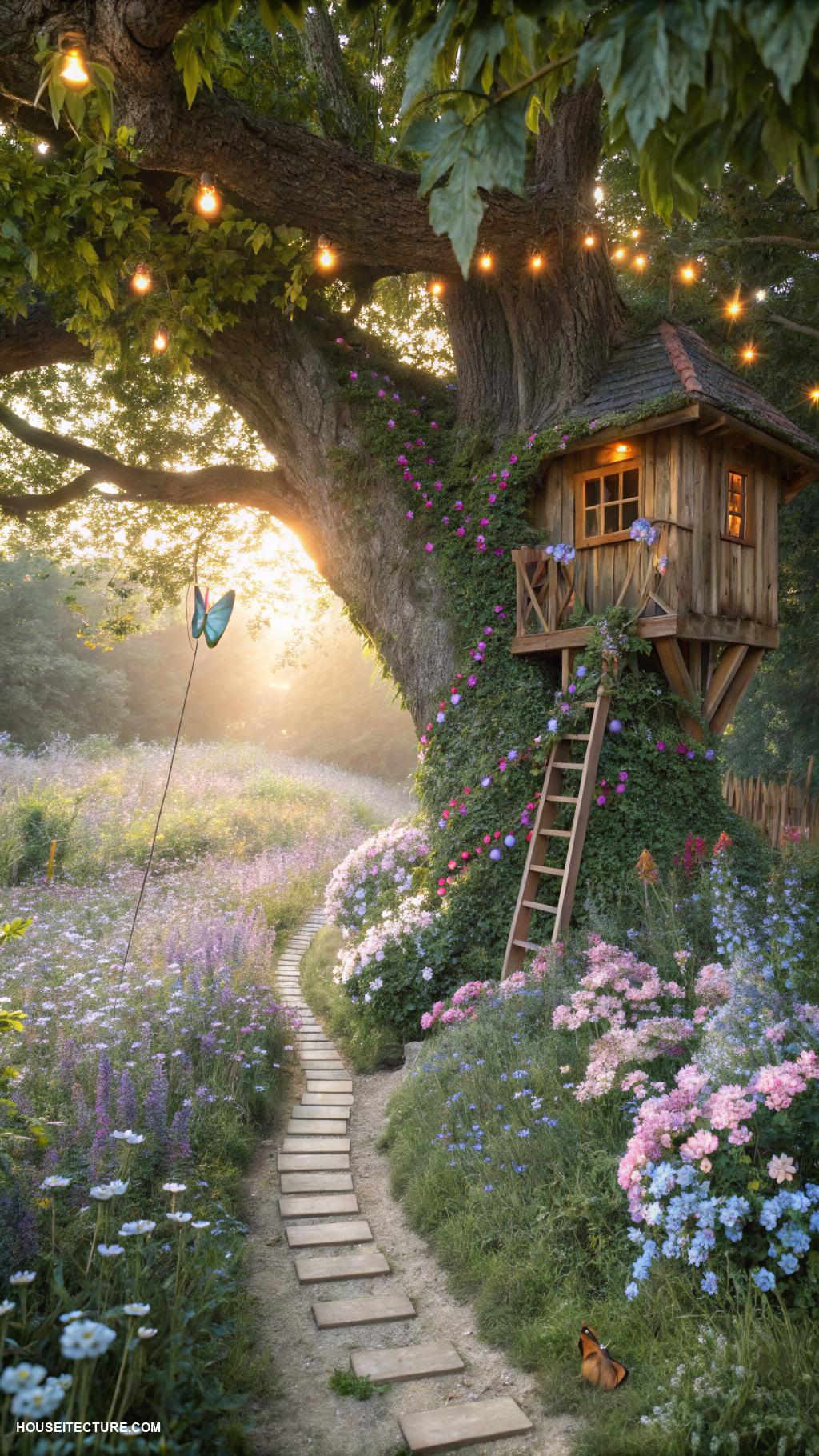 fairy tree houses Enchanted garden path leading to tree house