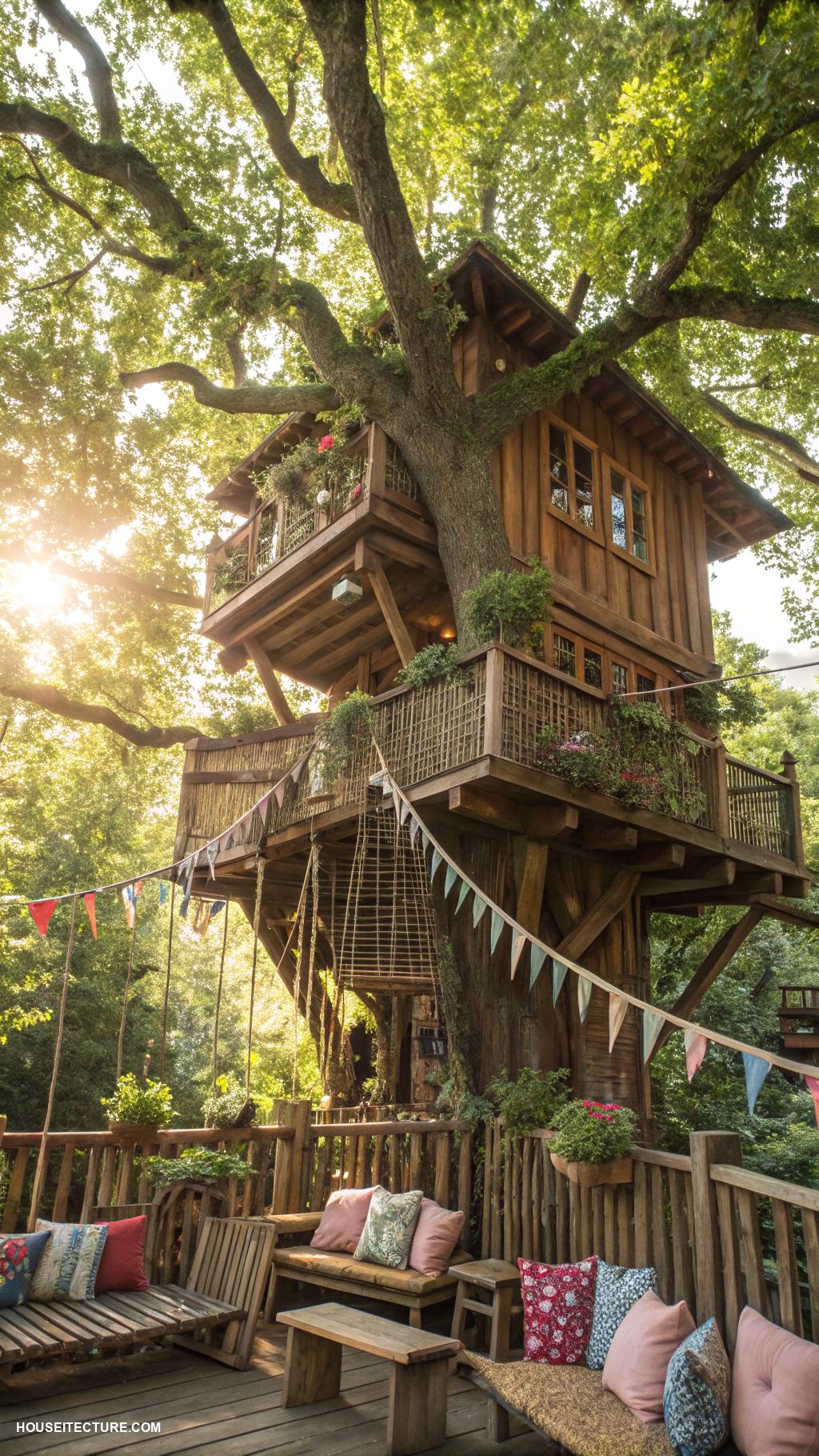 fairy tree houses Multi level tree house with rope bridges
