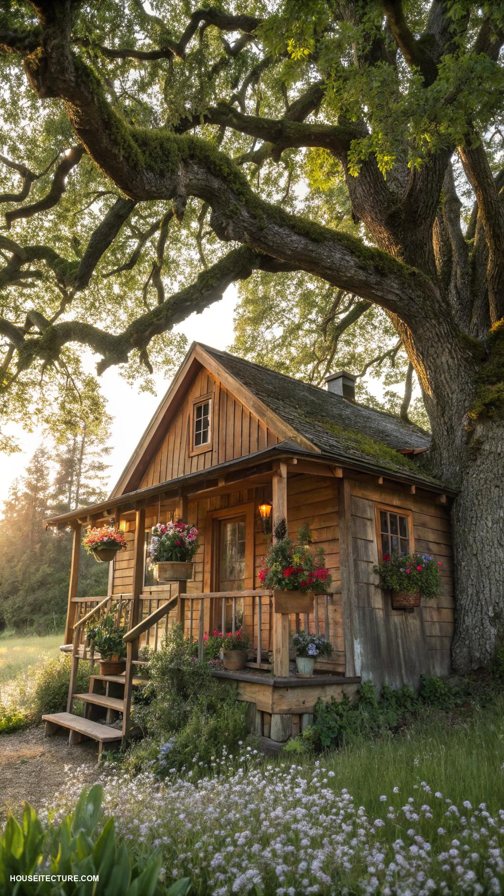 fairy tree houses Rustic wooden cabin nestled in large oak