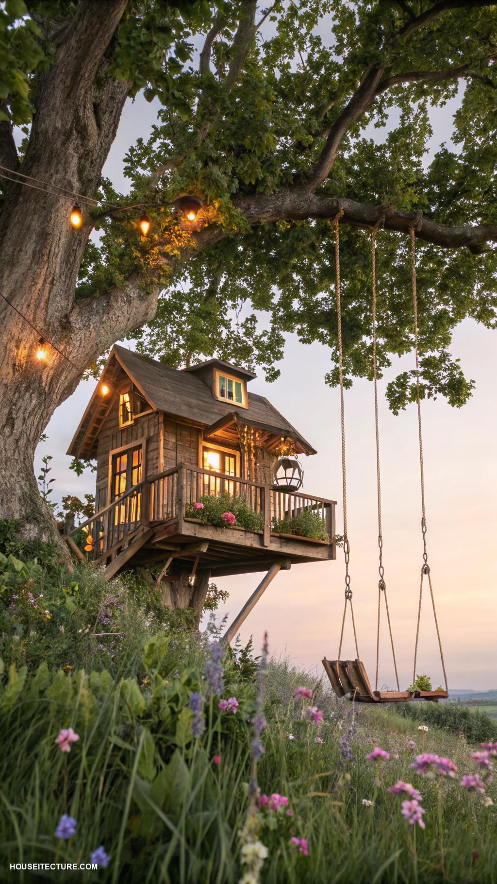 fairy tree houses Tree house with hanging lanterns and swings