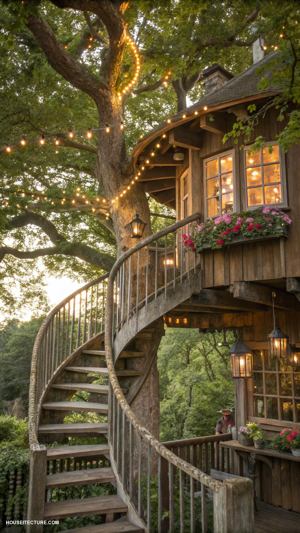fairy tree houses Whimsical spiral staircase leading to tree house