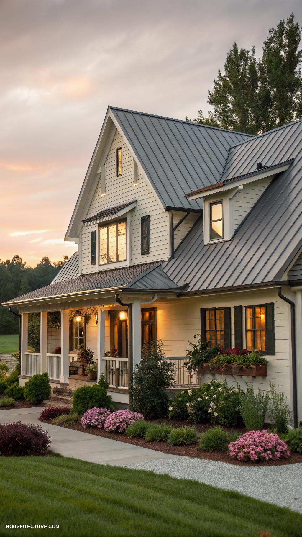farmhouse aesthetic exterior Classic metal roof in matte finish