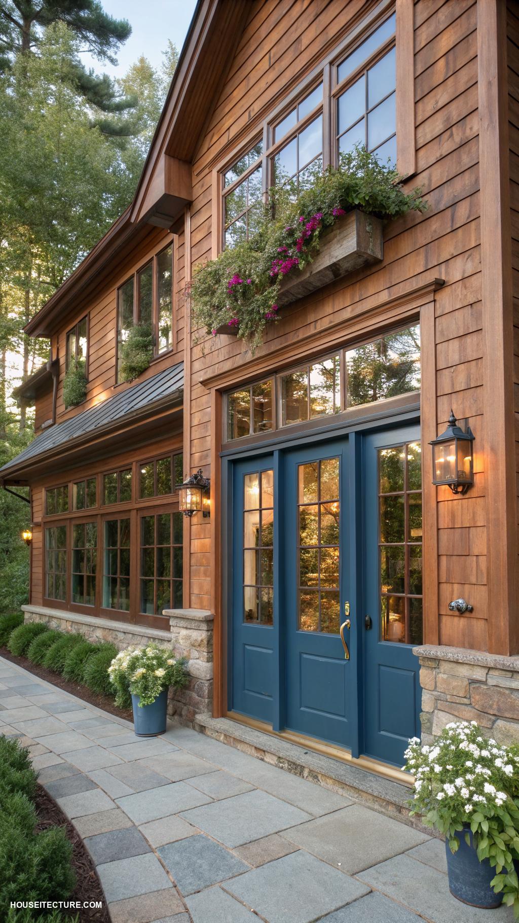 farmhouse aesthetic exterior Copper accents on windows and doors