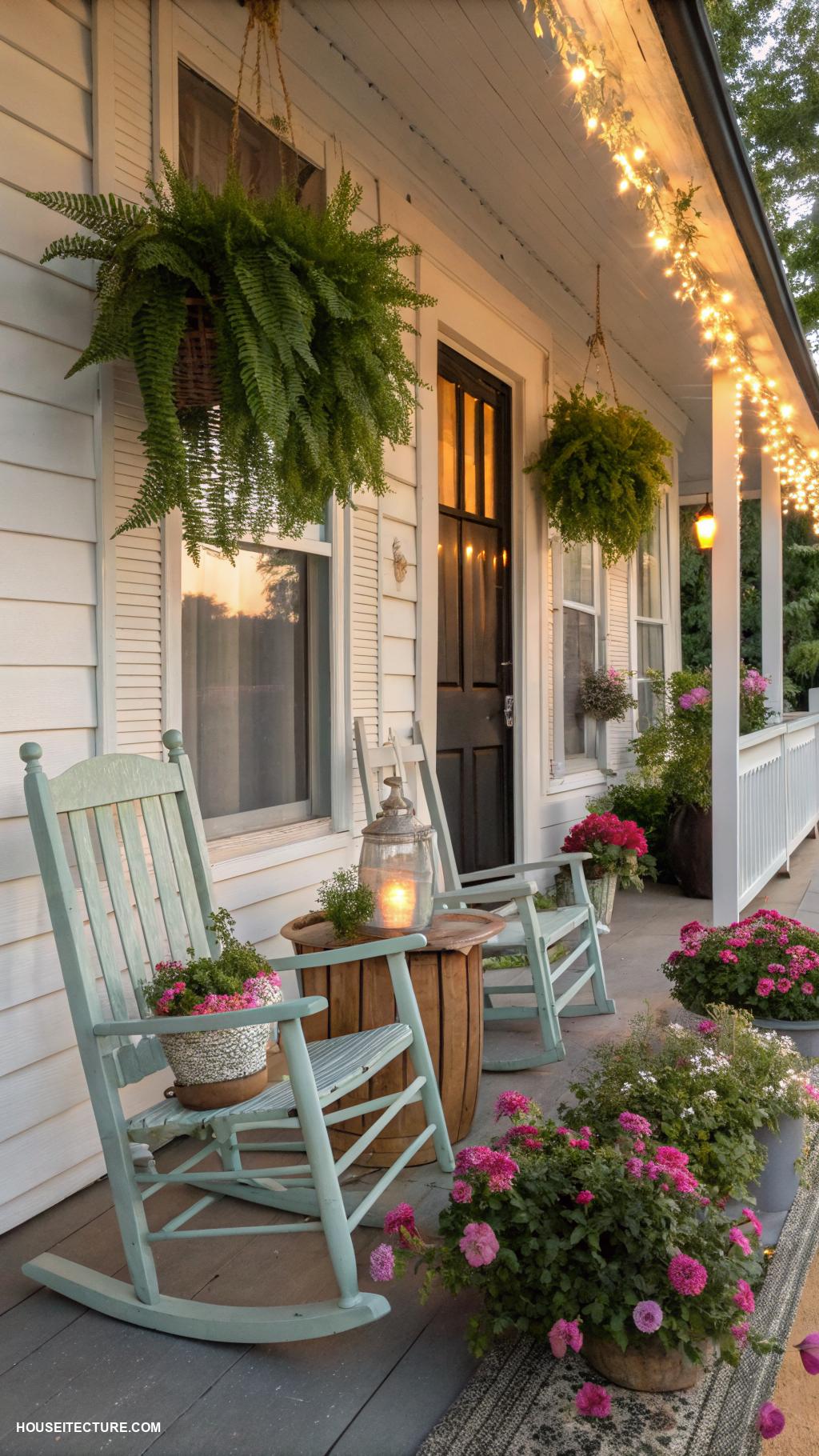 farmhouse aesthetic exterior Inviting front porch with rocking chairs