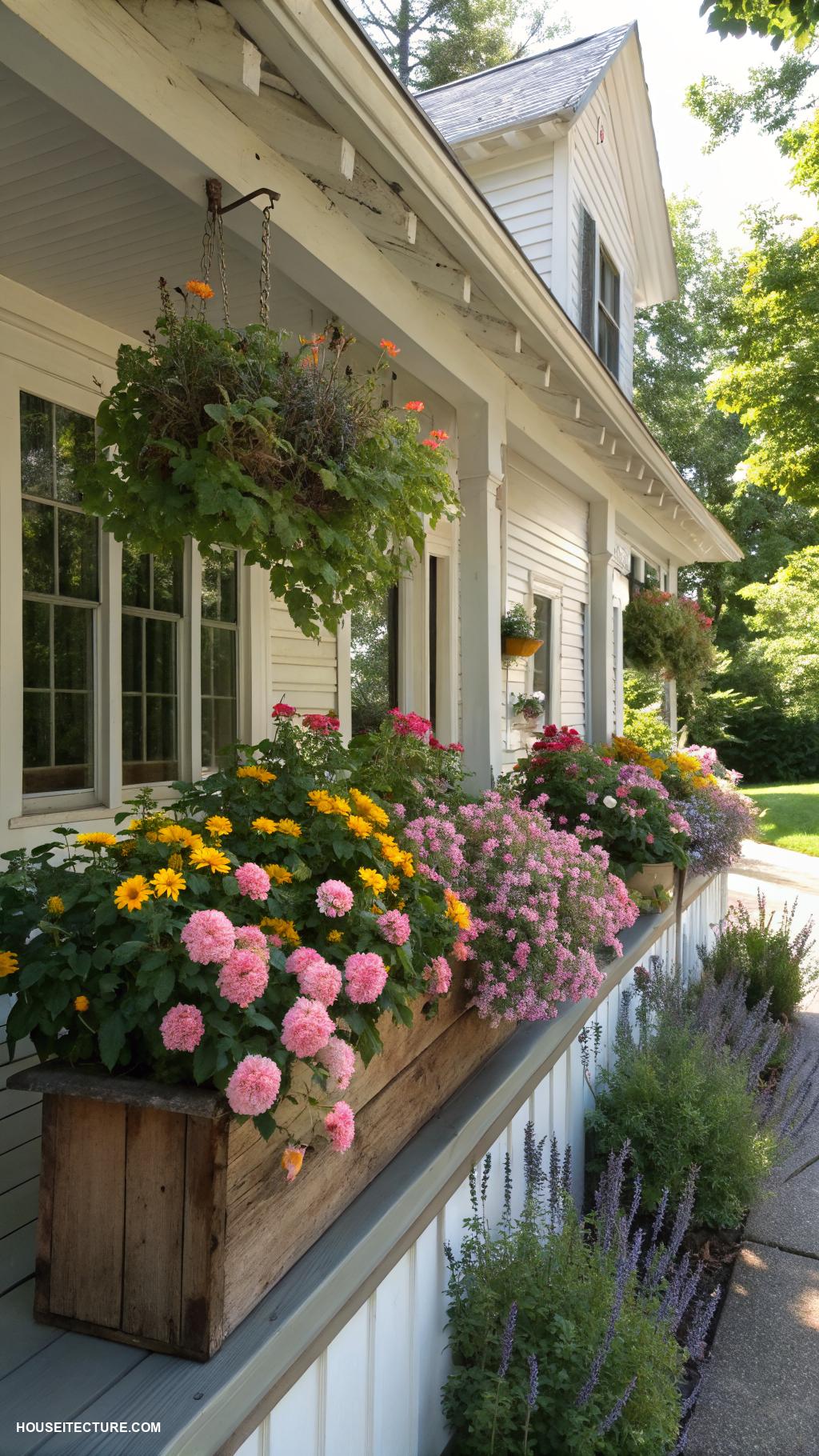 farmhouse aesthetic exterior Lush flower boxes overflowing with blooms