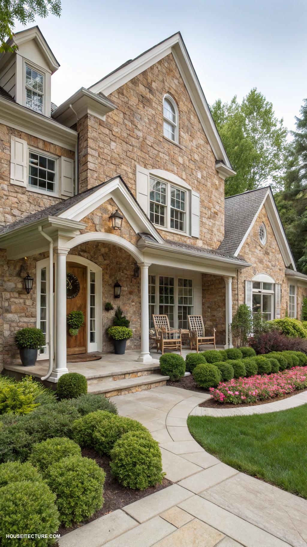 farmhouse aesthetic exterior Natural stone facade for durability