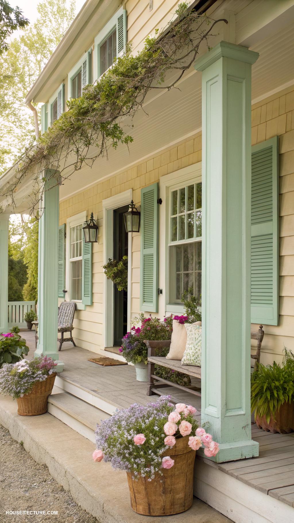 farmhouse aesthetic exterior Pastel shutters complementing window frames