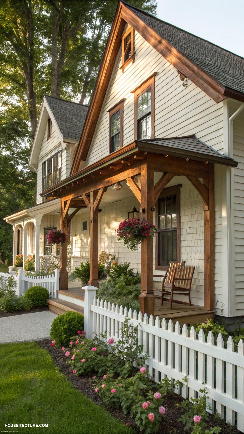 farmhouse aesthetic exterior Rustic wood beams on gable ends