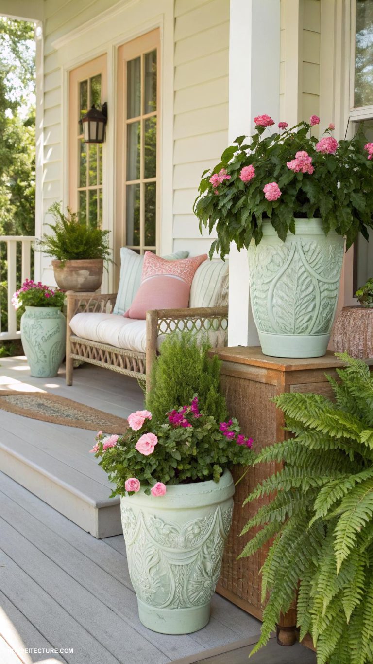 front porch planters Ceramic pots in varying heights