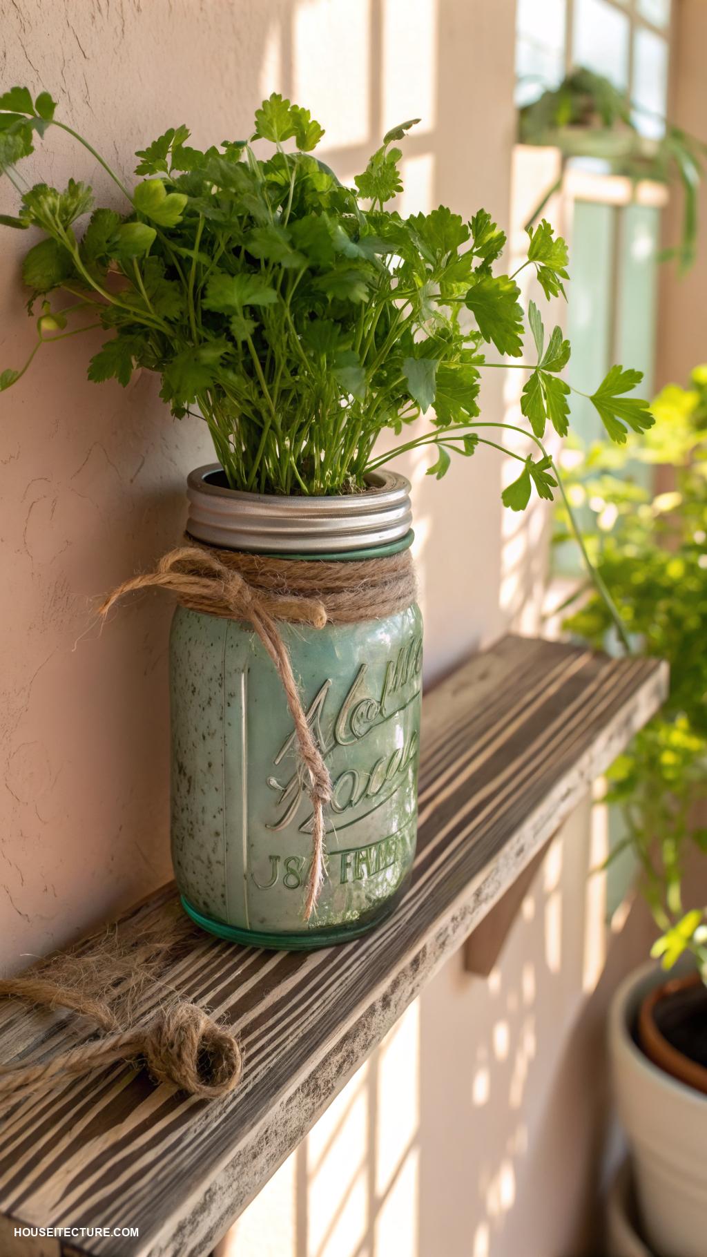 front porch planters Mason jar planters on a wooden shelf