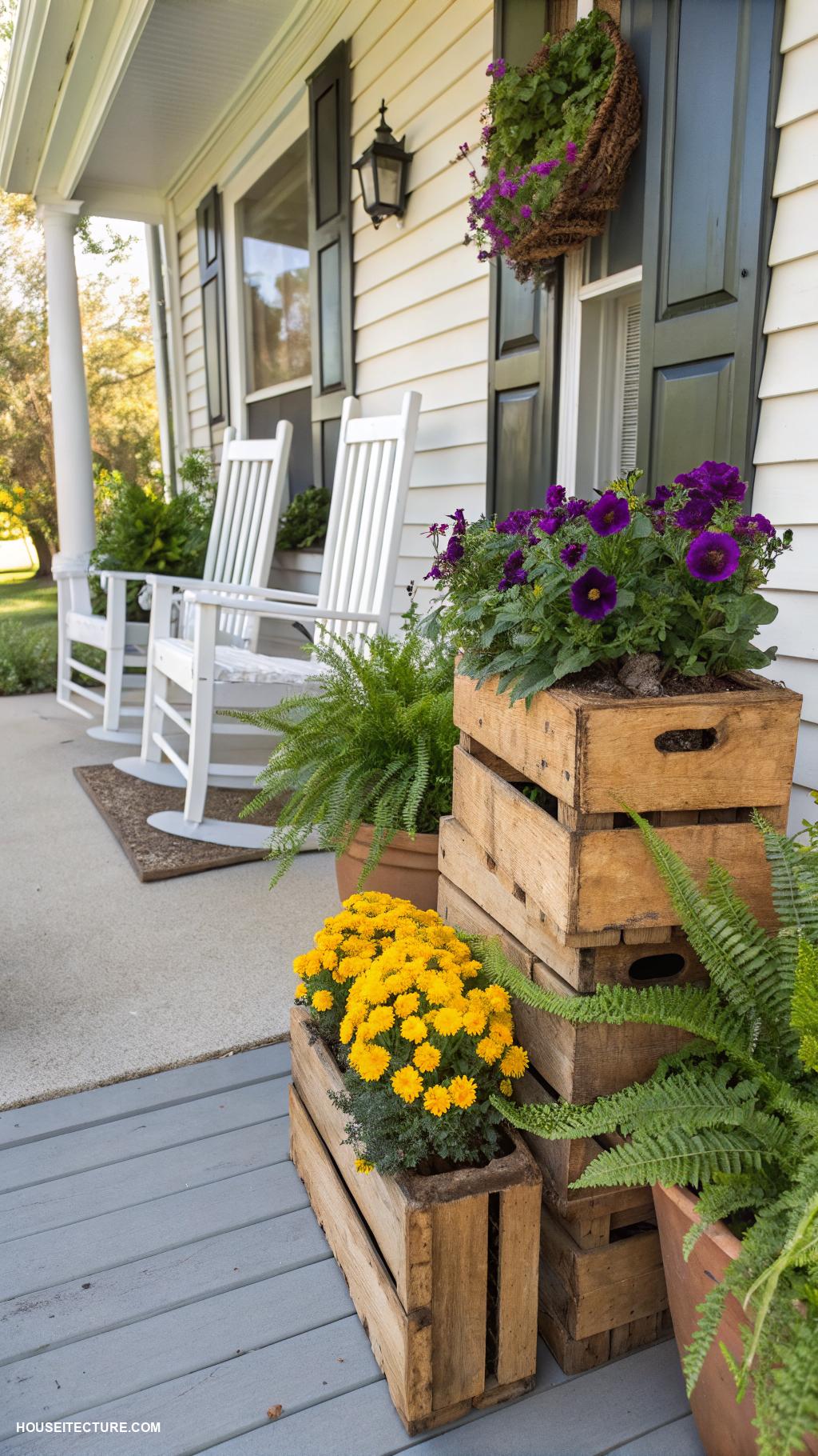 front porch planters Repurposed crates for assorted plants