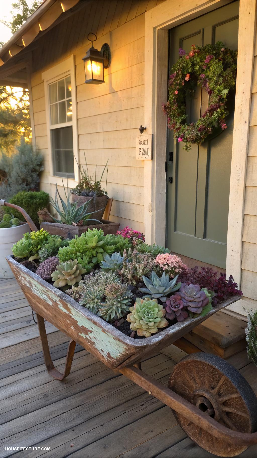 front porch planters Rustic wheelbarrow filled with succulents