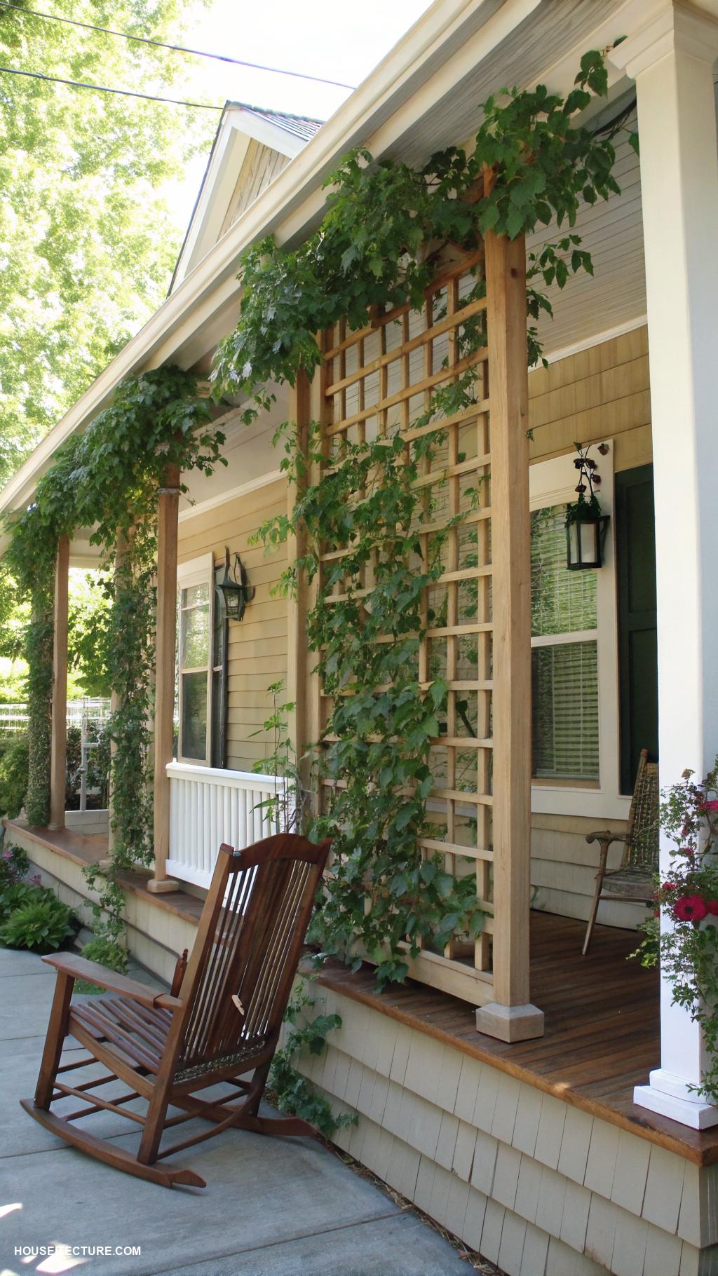 front porch planters Trellis with climbing vines for privacy