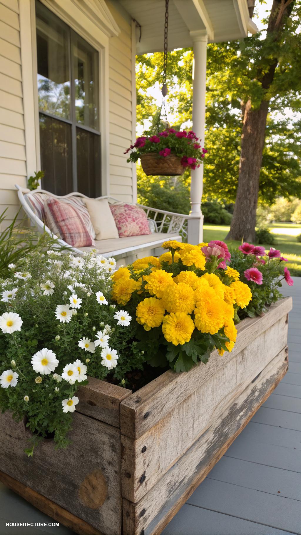 front porch planters Wooden box planter with seasonal blooms