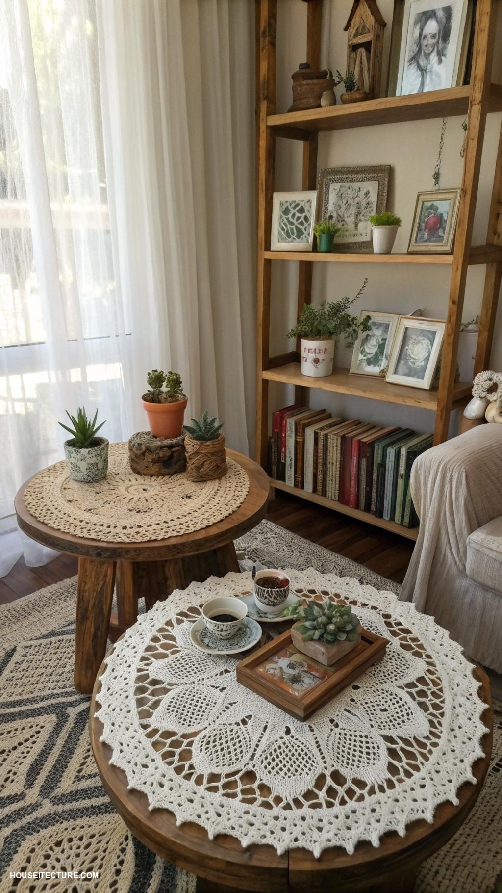 grandmacore house Crocheted doilies on tabletops and shelves