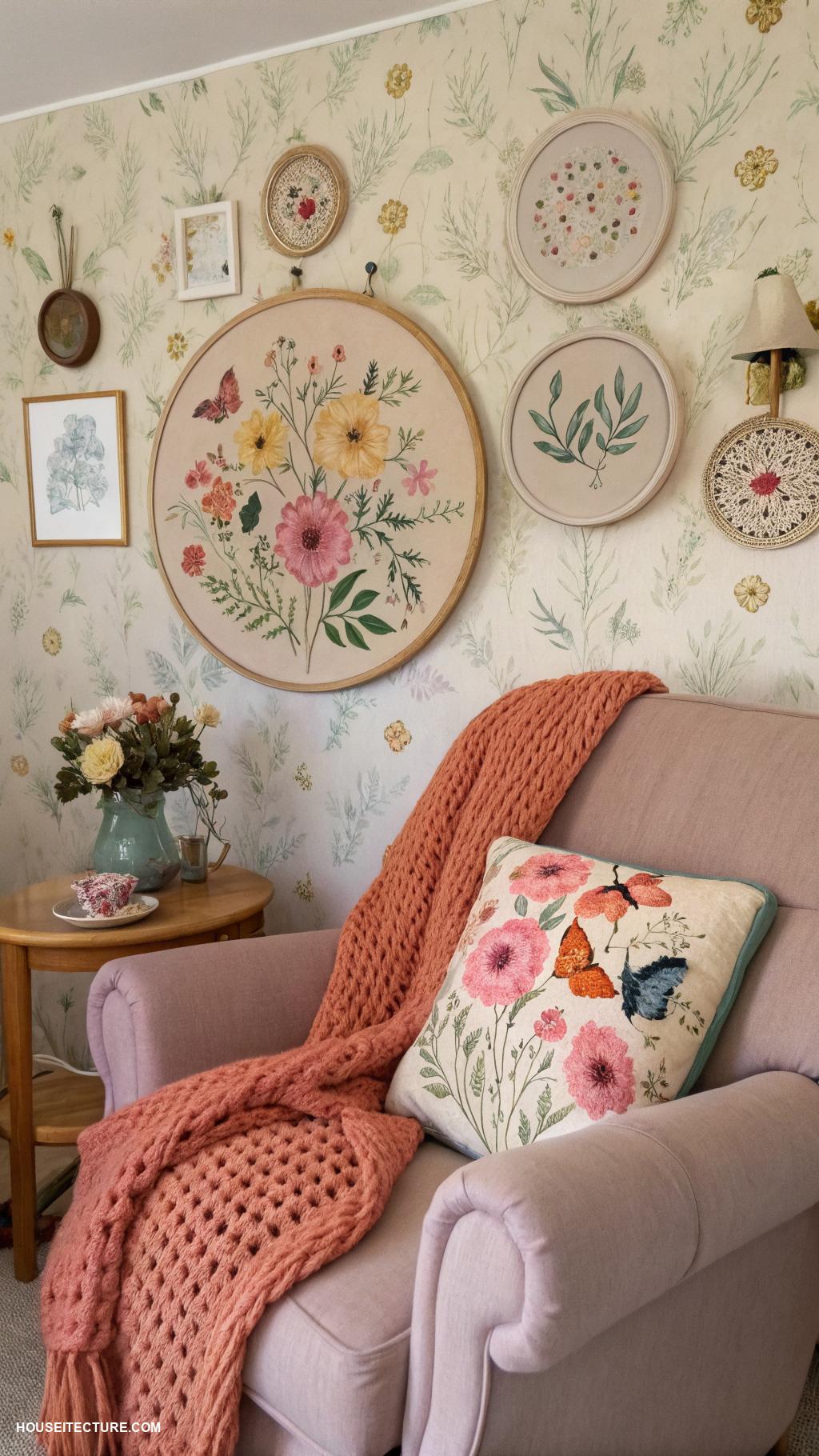 grandmacore house Embroidery hoop art on walls