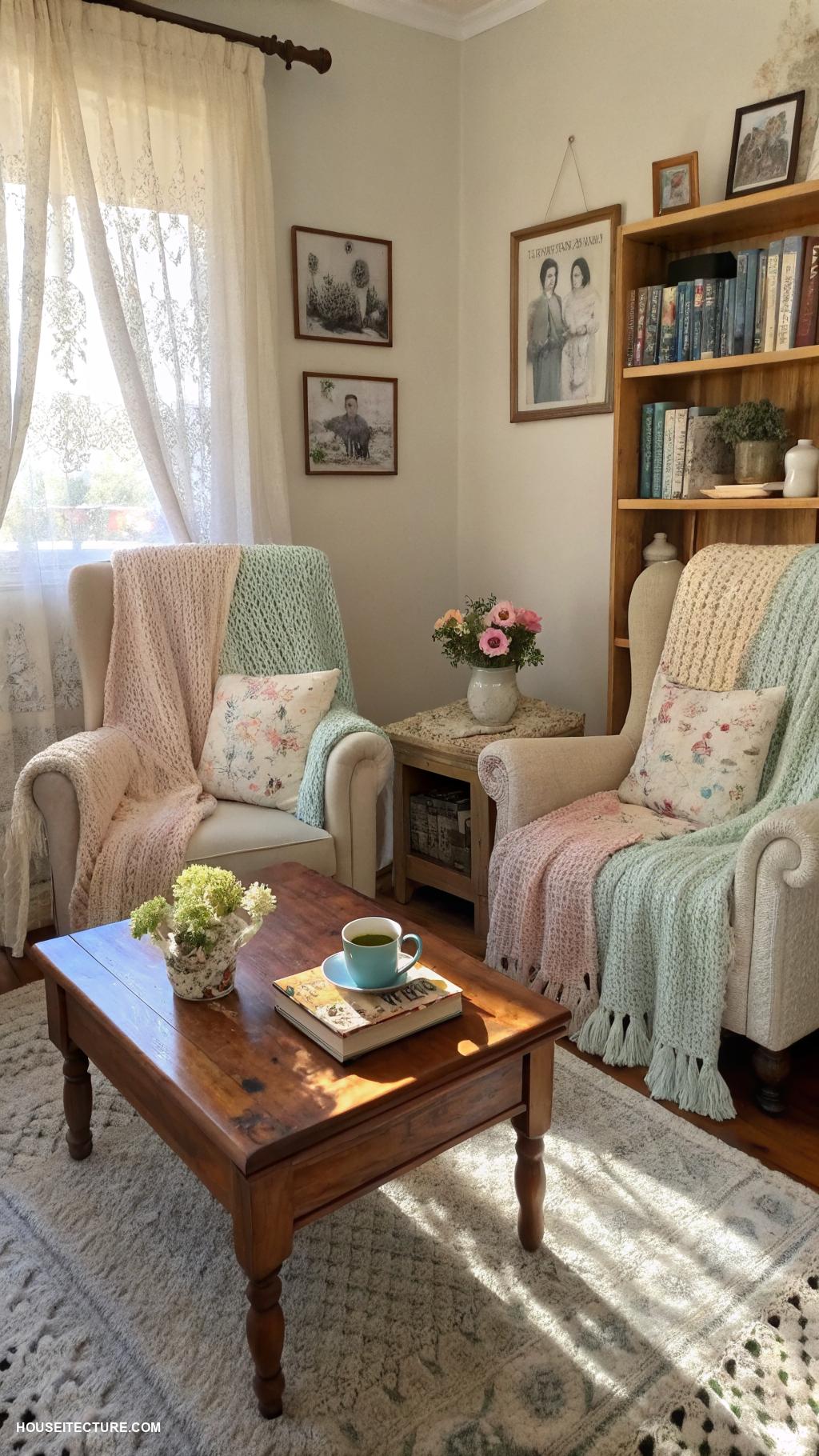 grandmacore house Knitted throws on overstuffed armchairs